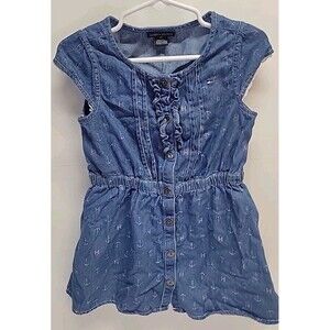 Vtg TOMMY HILFIGER Nautical Anchor blue denim Dress Sz 4T Y2K